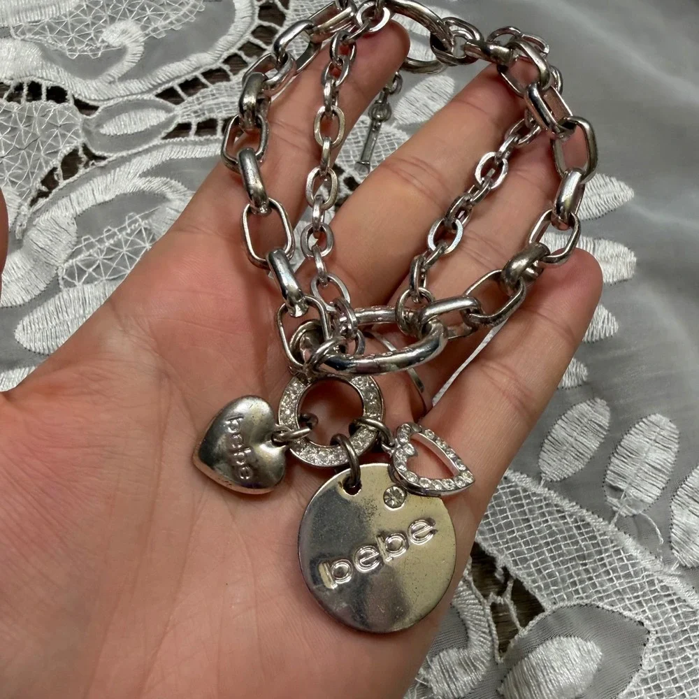 Y2K Mcbling Bebe Silver Tone Double Chain Charm Bracelet Heart Logo Rhinestone